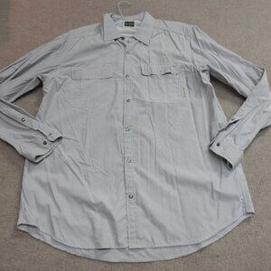 ExOfficio Shirt Large Gray Tab Sleeves Snap Front Insect Shield Vented Nylon